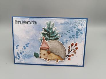Winterkarte „Frohe Weihnachten“ — Igel mit Partyhut